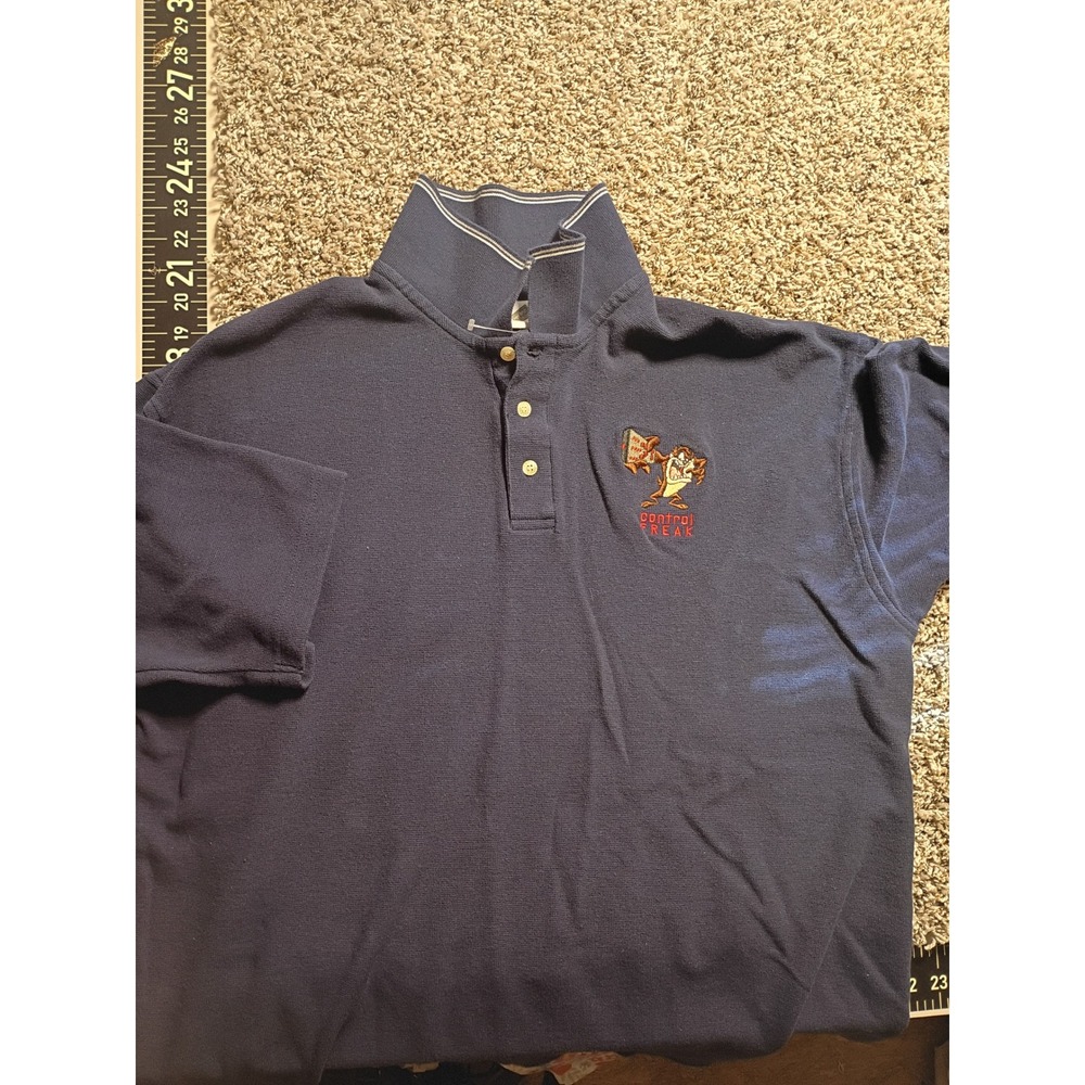 Vintage 2000 Warner Bros Studio Store Taz Control Freak Polo Shirt Navy Blue XL - Picture 2 of 9